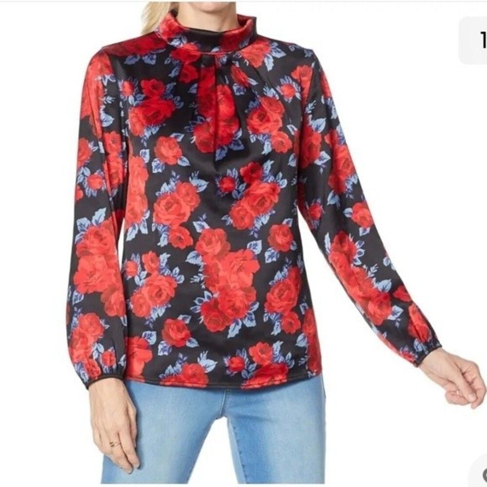 IMAN Global Chic Women's Sz S Mock Neck Pleat-Front Blouse Black Red Floral